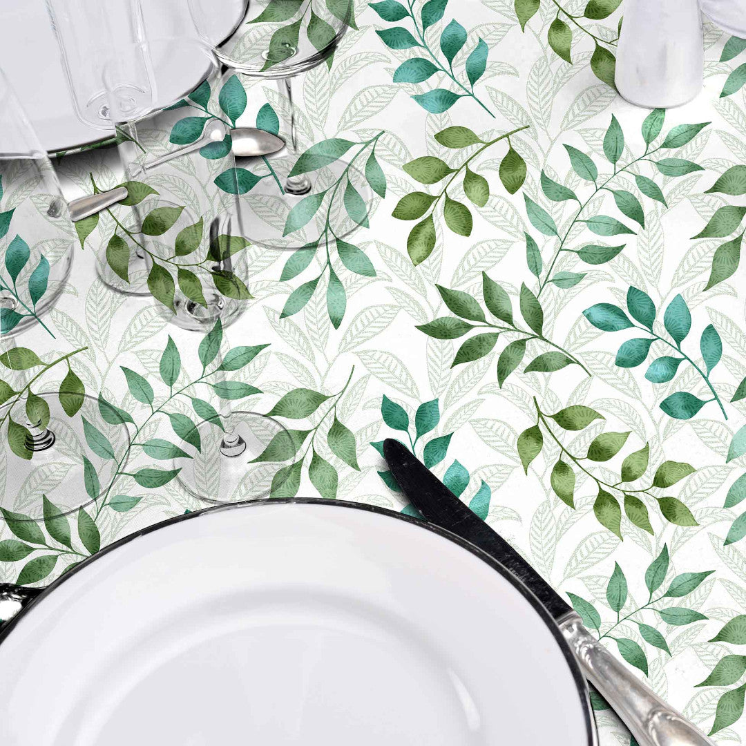 Agathe – Voksdug med bladmotiv i grønne nuancer, nærbillede