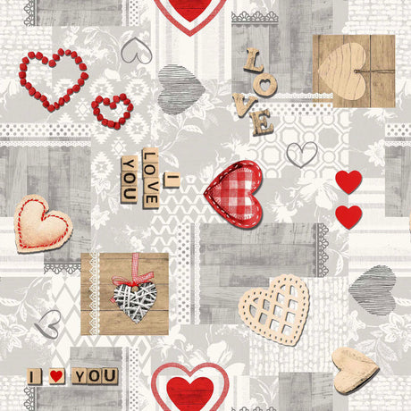 Amour Red - Voksdug med hjerter og romantiske detaljer, mønster