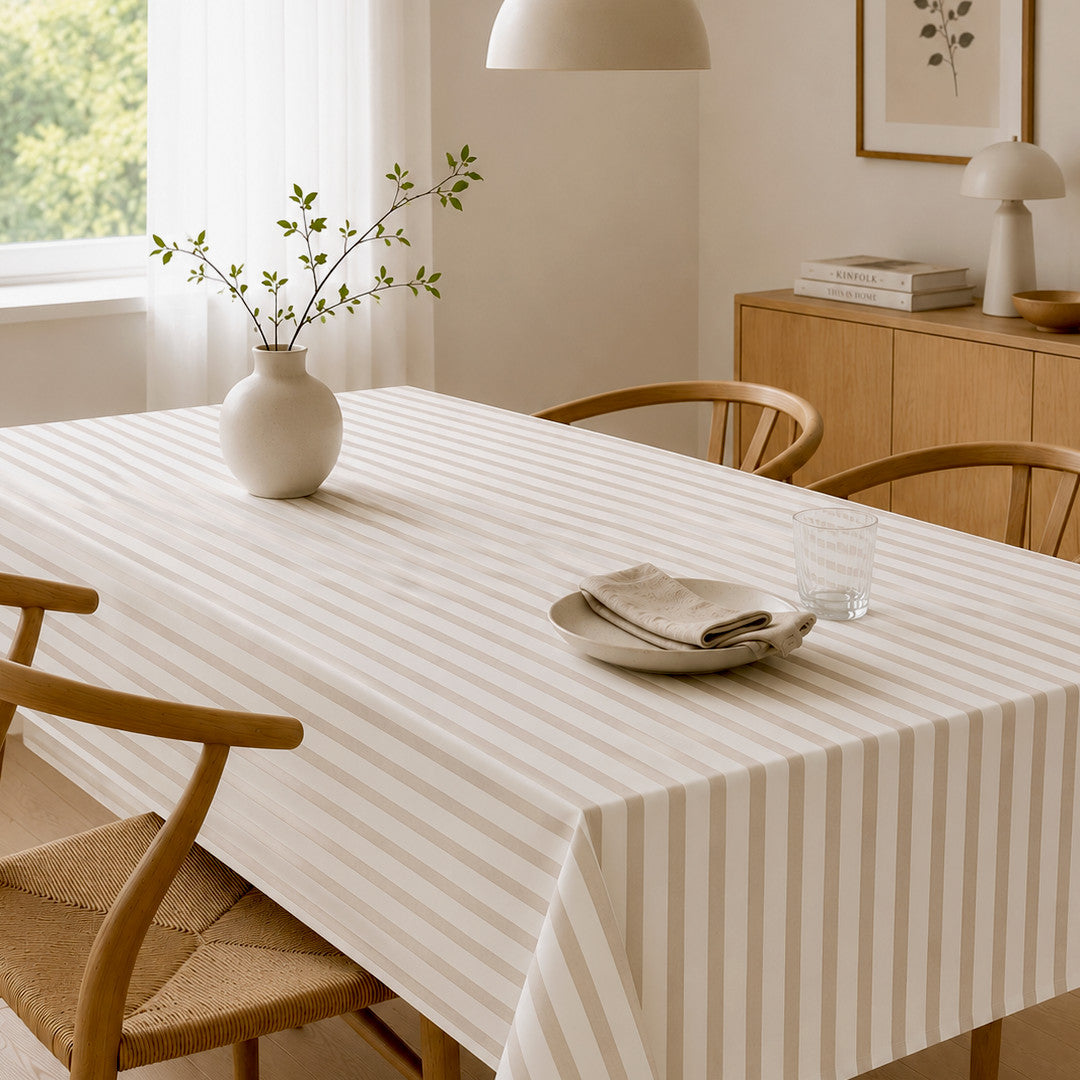 Aria Beige/offwhite - Voksdug med striber i hørlook, stuemiljø