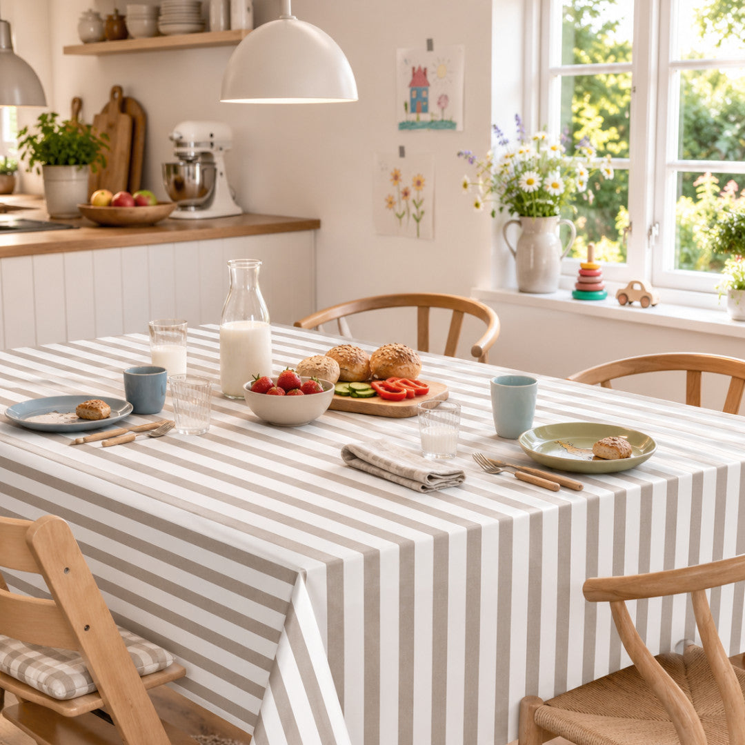 Aria Taupe/offwhite - Voksdug med striber i hørlook, spisestuemiljø