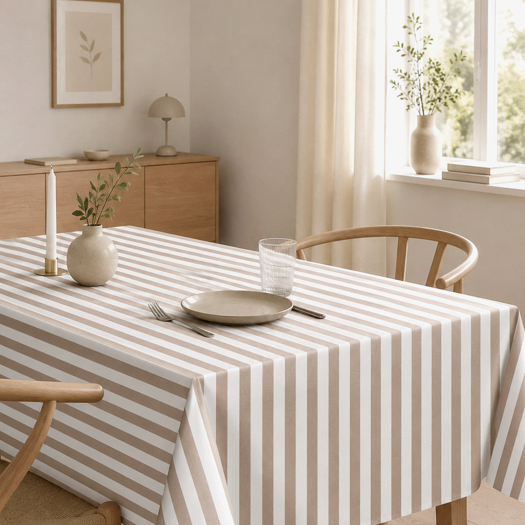 Aria Taupe/offwhite - Voksdug med striber i hørlook, stuemiljø