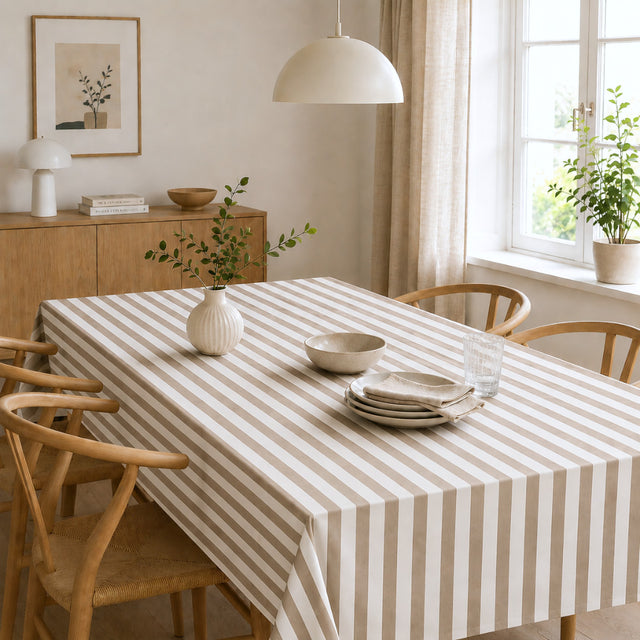 Aria Taupe/offwhite - Voksdug med striber i hørlook, stuemiljø