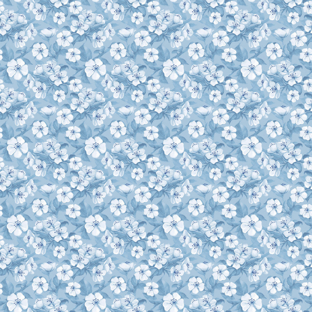 Blomsterflor Blå – Let præget voksdug med hvide blomster, mønster
