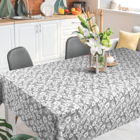 Blomsterflor Grå – Let præget voksdug med hvide blomster, miljø