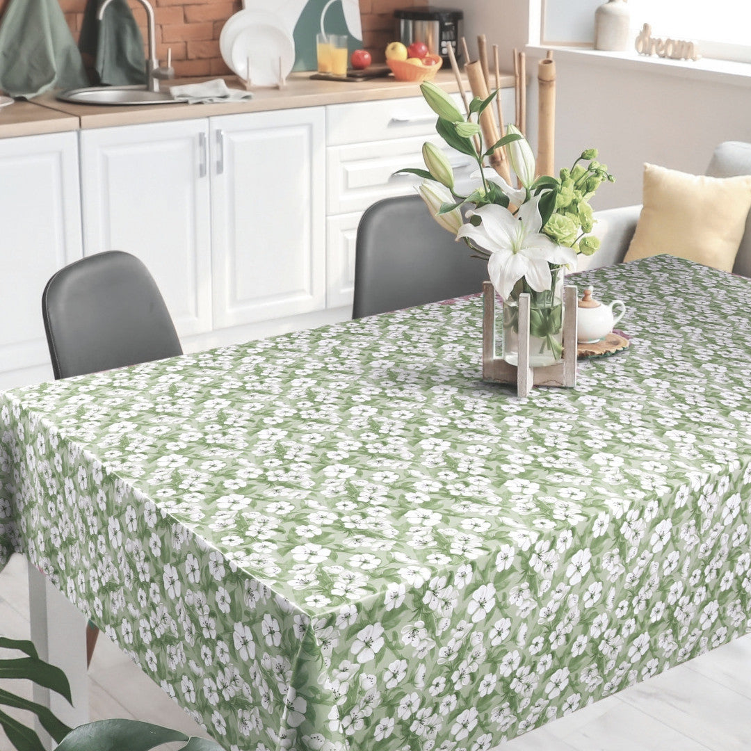 Blomsterflor Grøn – Let præget voksdug med hvide blomster, miljø