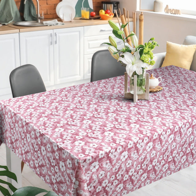 Blomsterflor Rosa – Let præget voksdug med hvide blomster, miljø