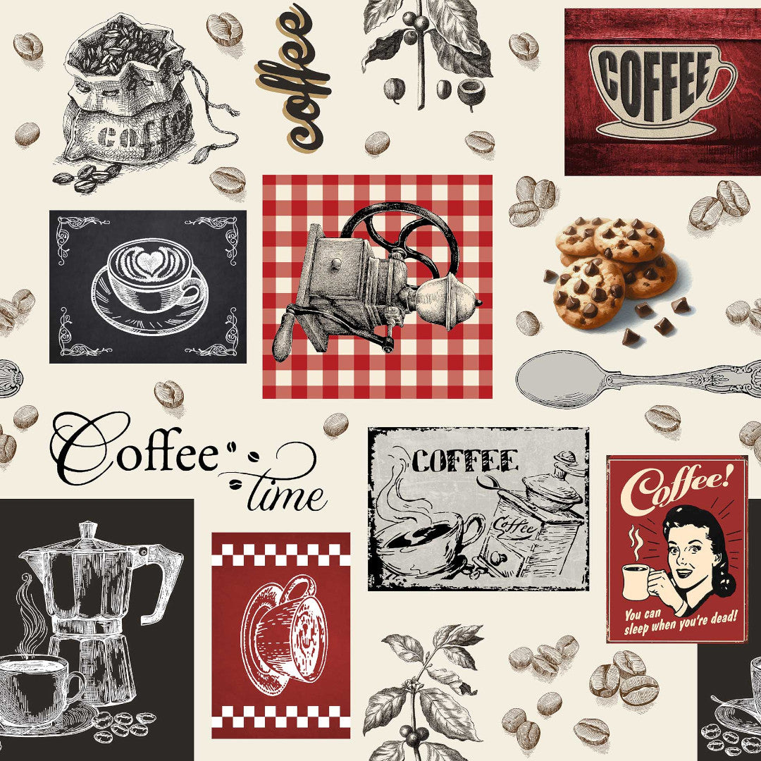 Café – Voksdug med kaffetema, perfekt til caféer og kaffehygge, mønster