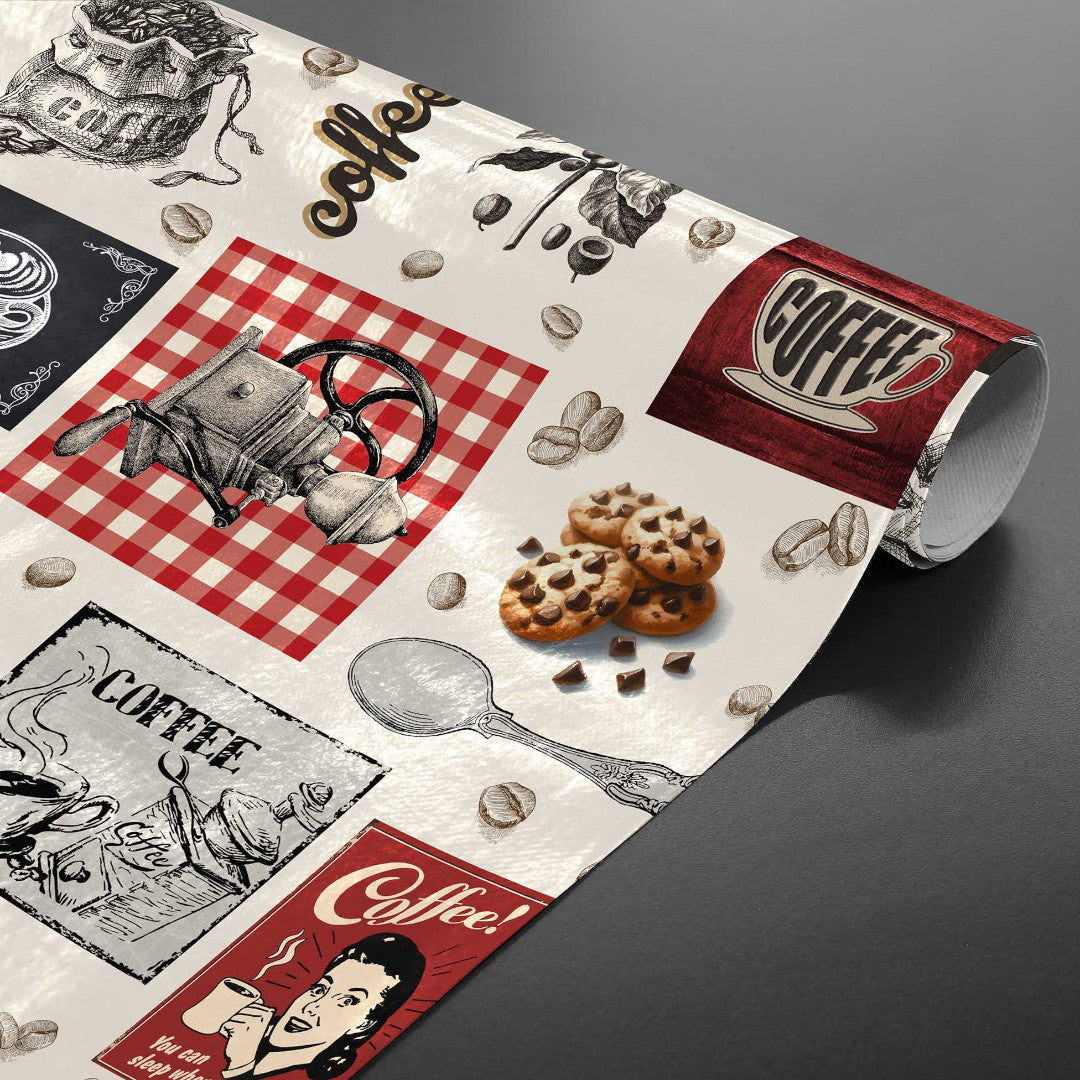 Café – Voksdug med kaffetema, perfekt til caféer og kaffehygge, rullet