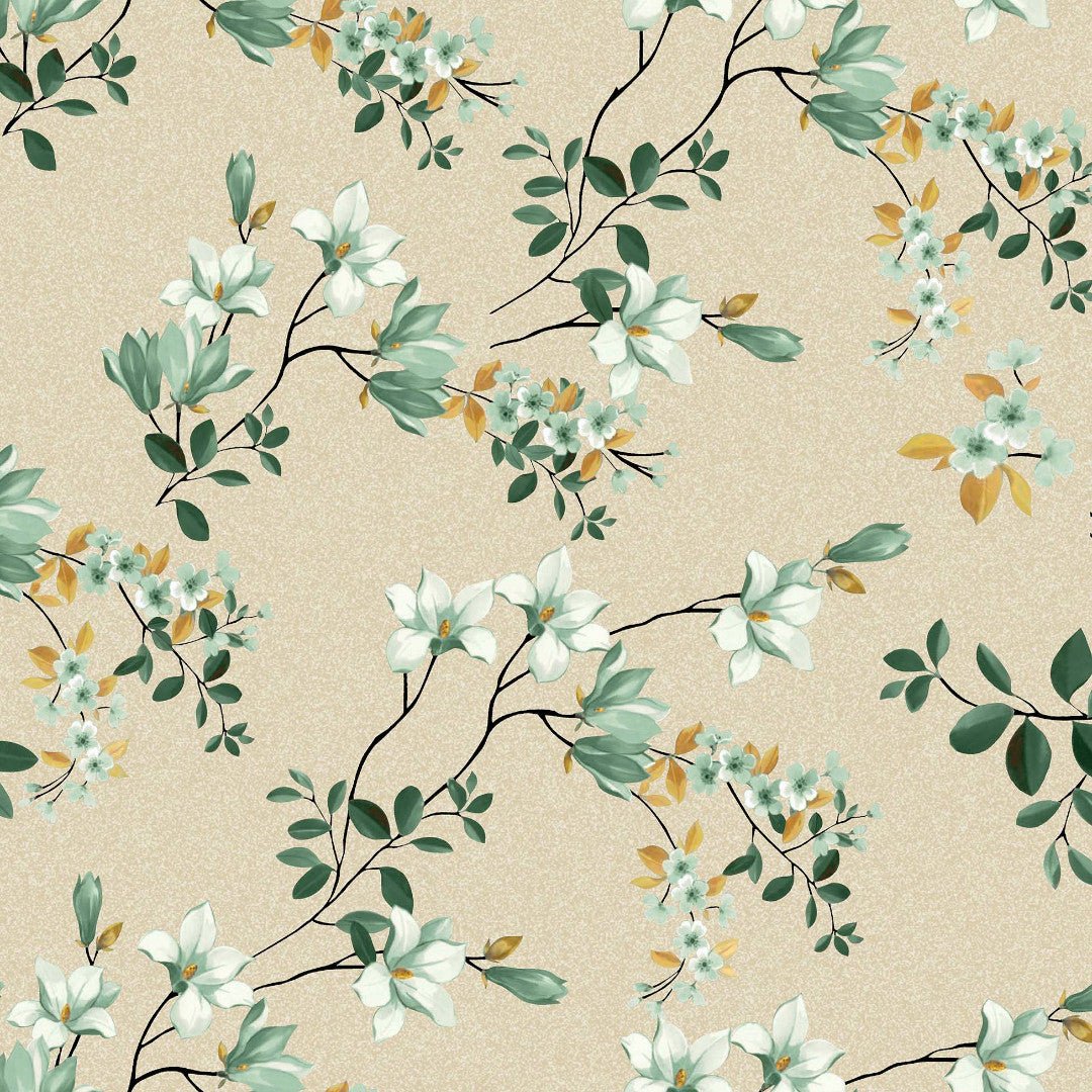 Clematite Vert – Blomstrende voksdug med meleret bund i varme toner, mønster 1