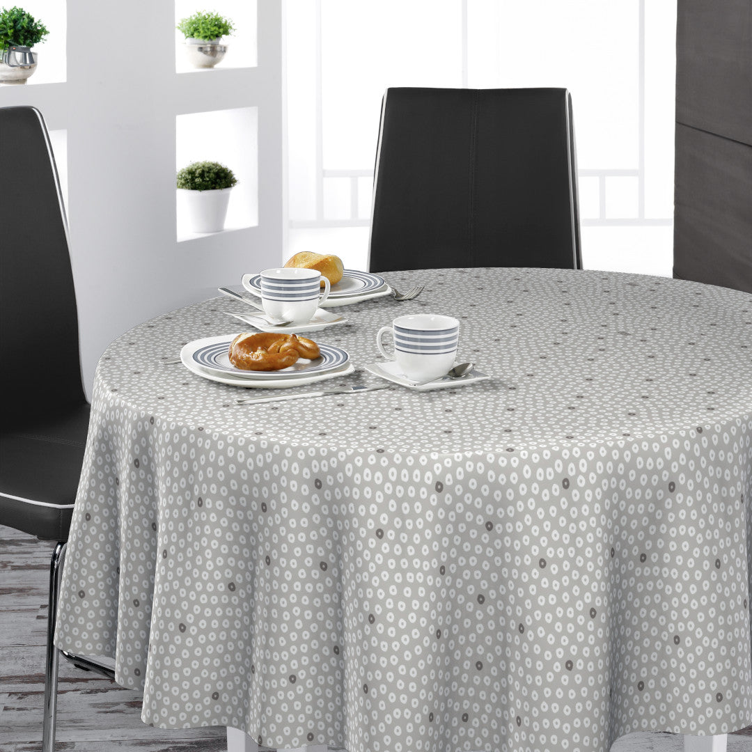 Dotti Earl Grey – Rund voksdug med grafisk prikmønster, 160 cm bred