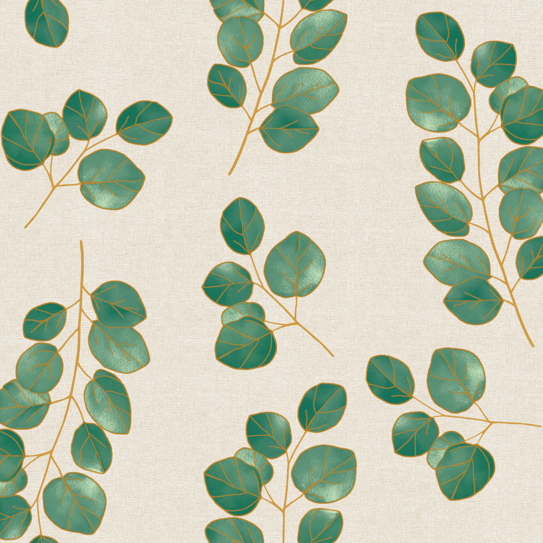 Eucalypta Linen – Voksdug med gyldne blade, mønster