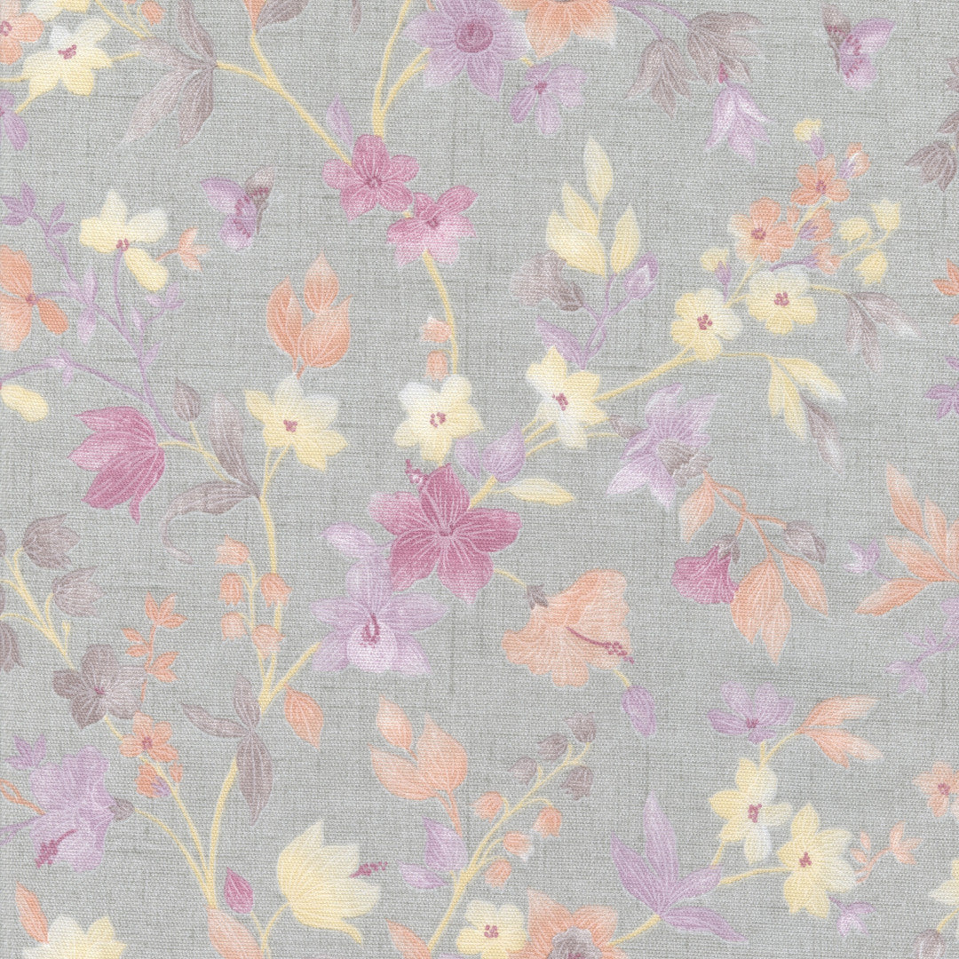 Fiorenza – Akryldug med pastelblomster på grå hørlook, mønster