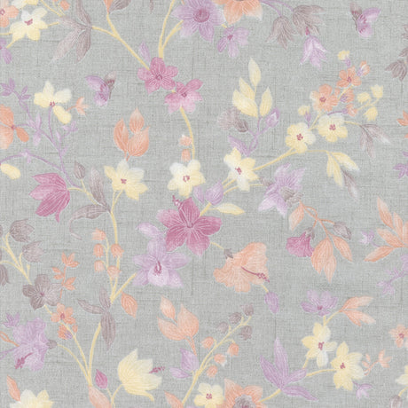 Fiorenza – Akryldug med pastelblomster på grå hørlook, mønster