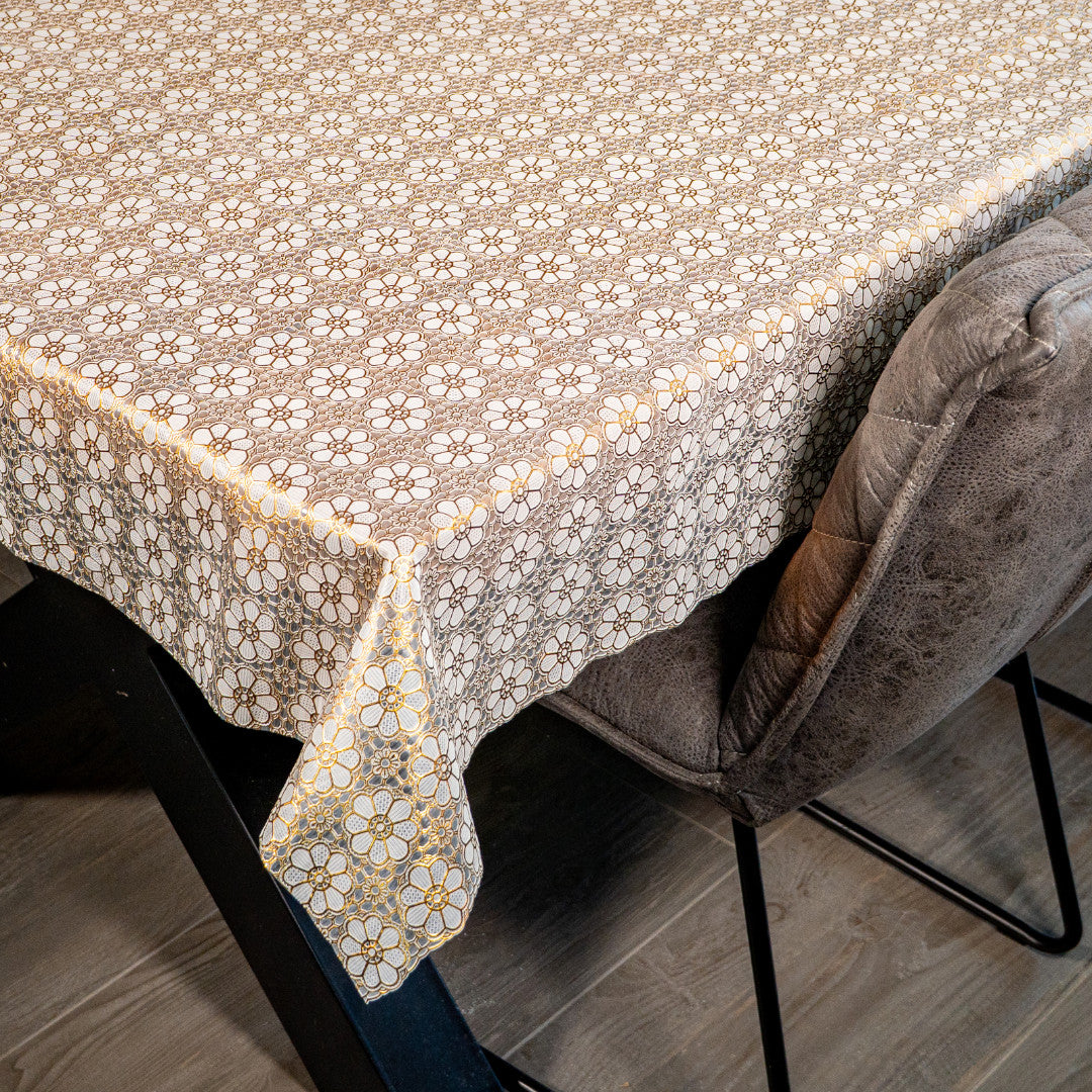 Blondevoksdug Flower Gold, blondedug med blomstermønster i guld, hjørne