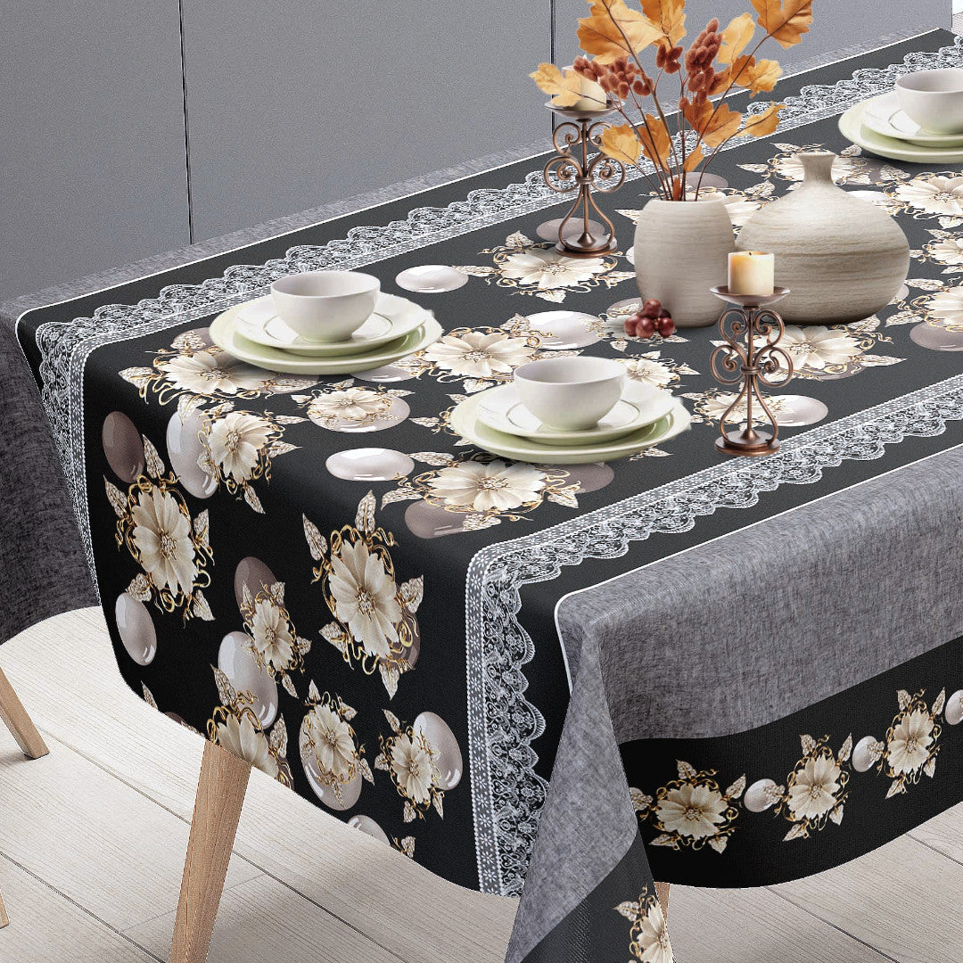 Floria Sort – Dekorativ voksdug med blomsterbort, ende