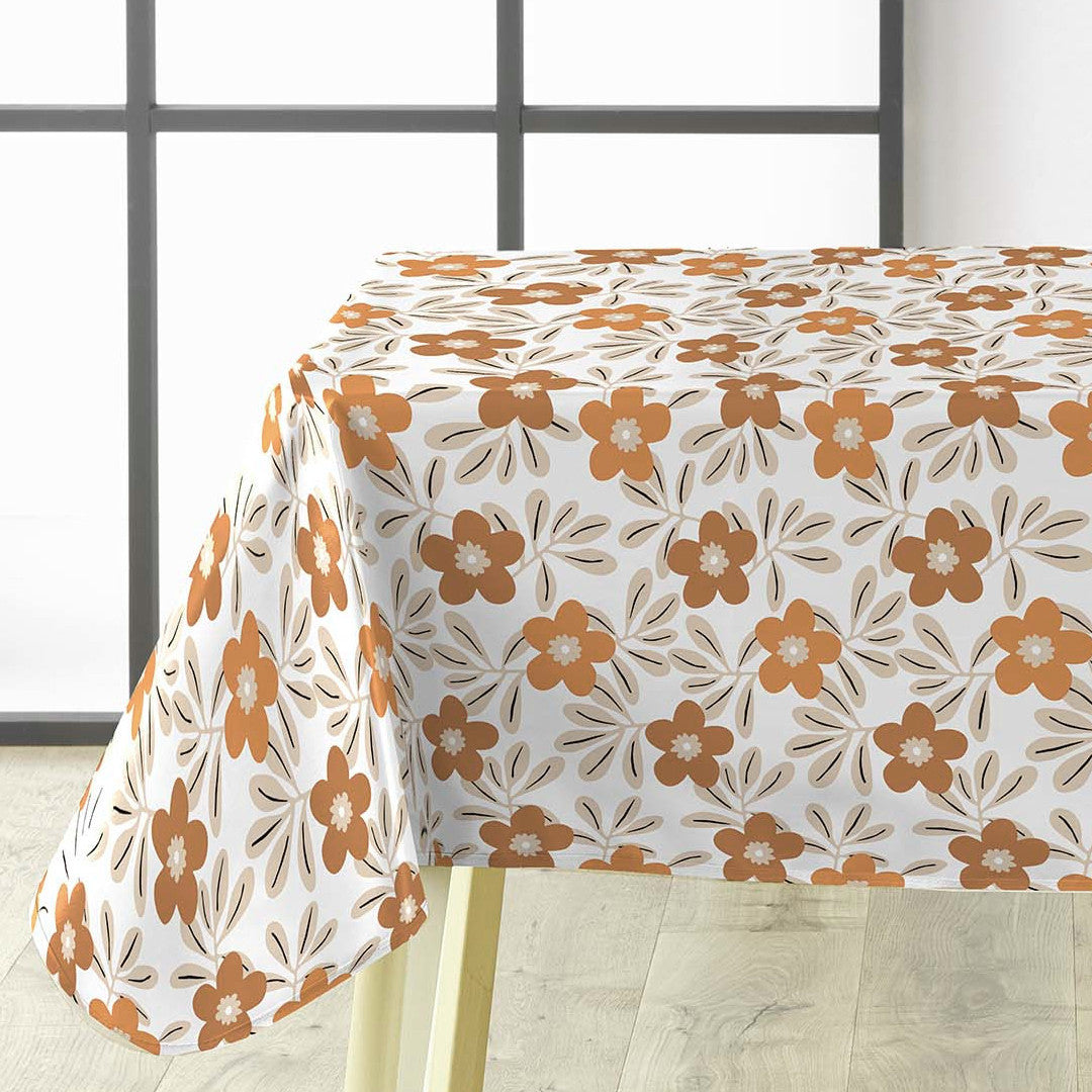 Flory Ochre - Voksdug med blomster i varme okkernuancer, hjørne