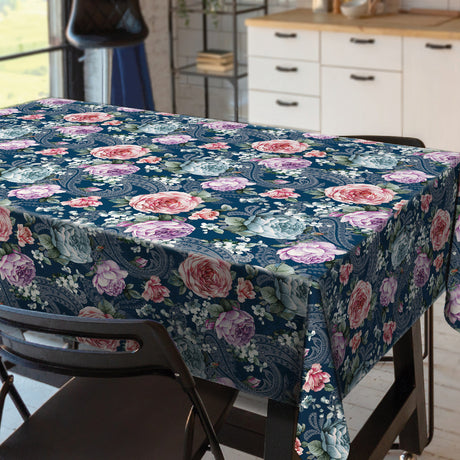 Heritage Rose Blå – Præget voksdug med blomster