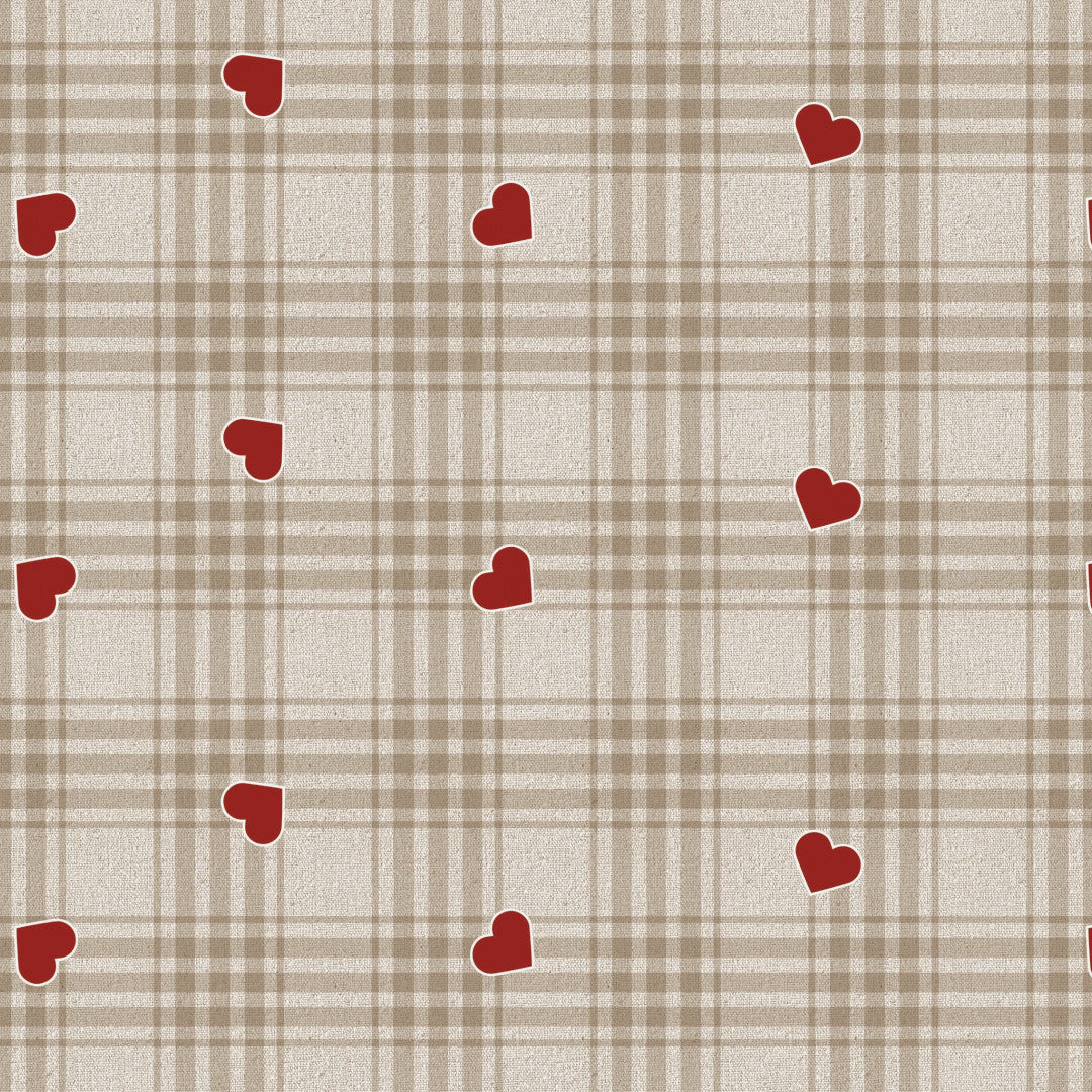 Hjertetern – Beige voksdug med tern og røde hjerter, mønster
