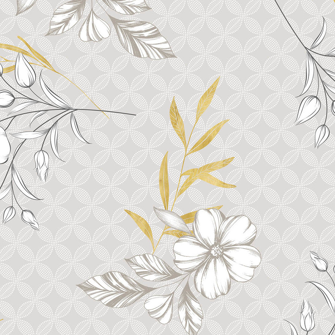 Hortense - Voksdug med floralt mønster i gyldne og neutrale toner, mønster