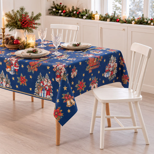 Julenostalgi Blå – Julevoksdug med klassiske julemotiver, miljø