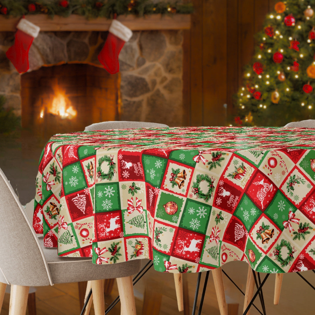 Julevoksdug – Rød & Grøn Patchwork med Klassiske Motiver, rund