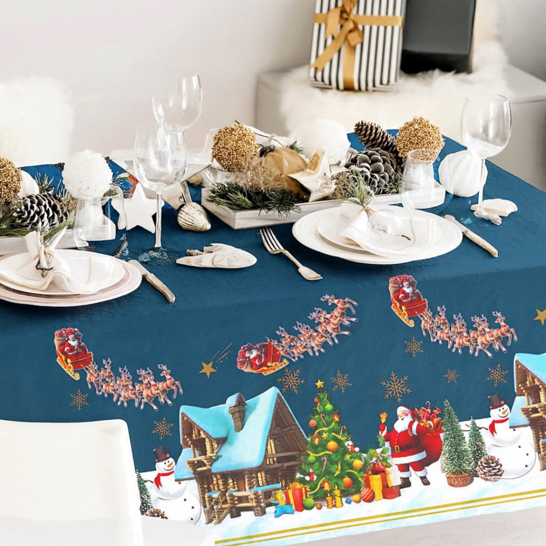 Grignols Blå - Festlig julevoksdug med Julemænd og Snemænd