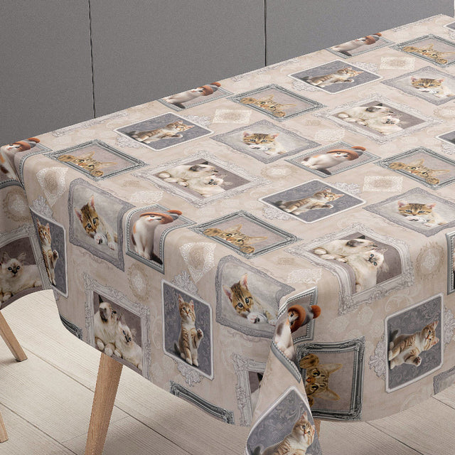 Killingegalleri – Beige voksdug med killinger i rammer, bordende