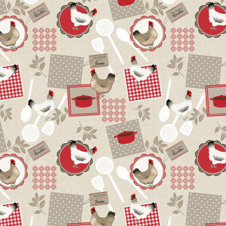 Landkøkken – Voksdug med høns og køkkenmotiv, mønster