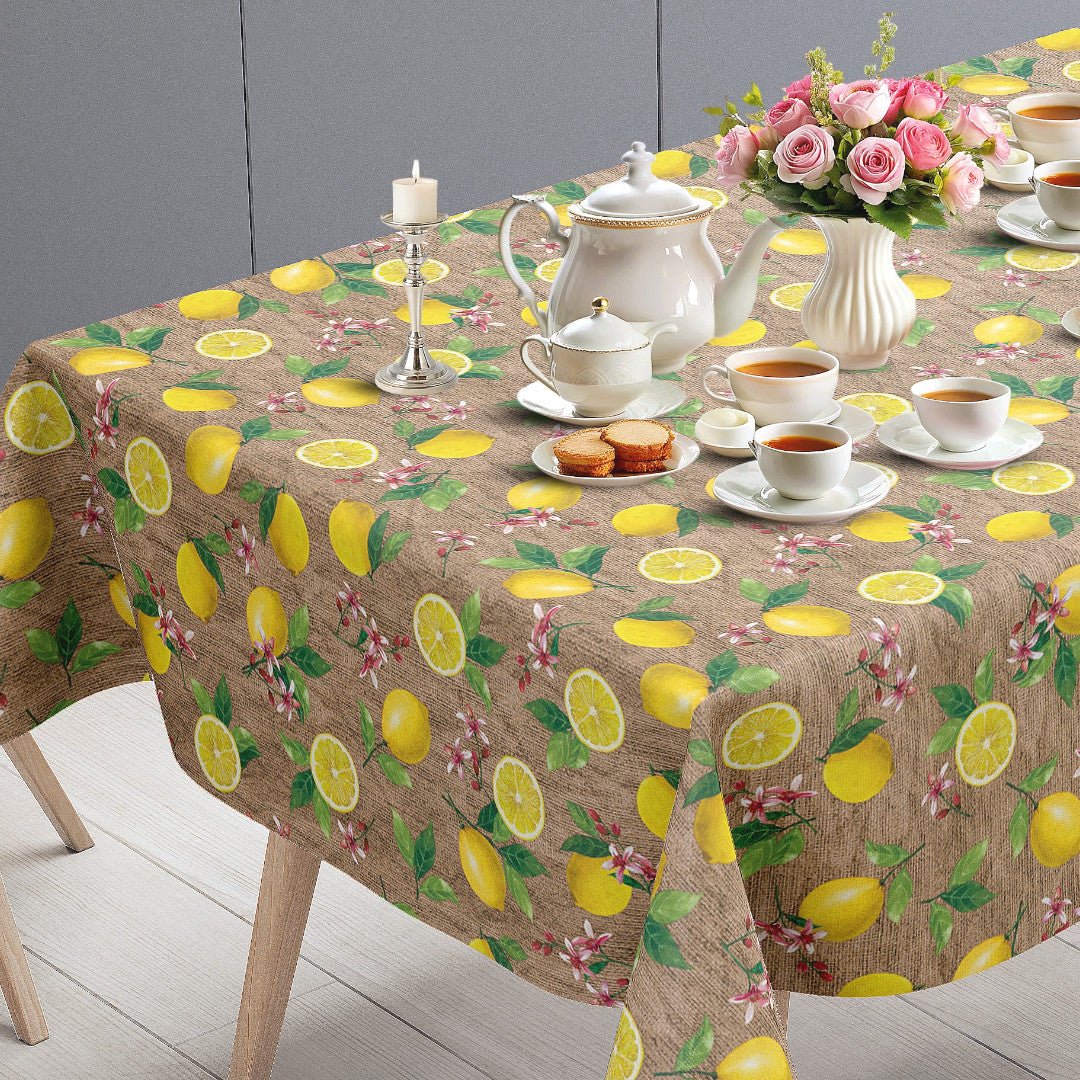 Limonata – Beige voksdug med citroner og hessianlook, bordende