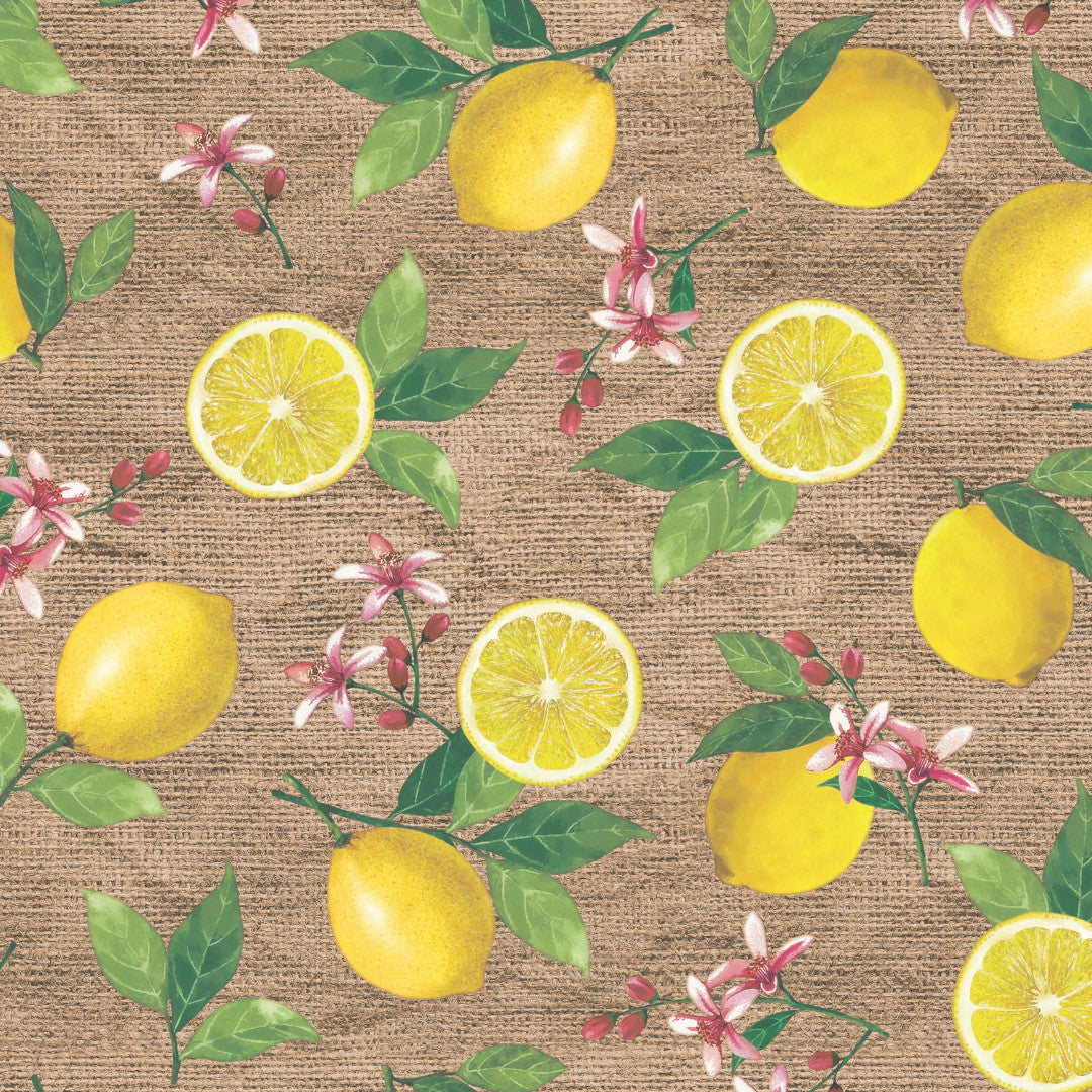 Limonata – Beige voksdug med citroner og hessianlook, mønster