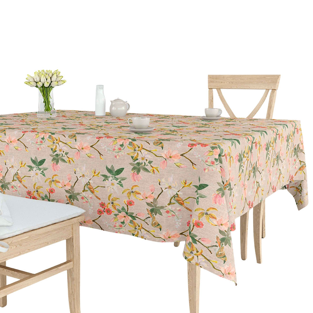 Forårsgren – Akryldug i hørlook med blomster og fugle, 160 cm bred