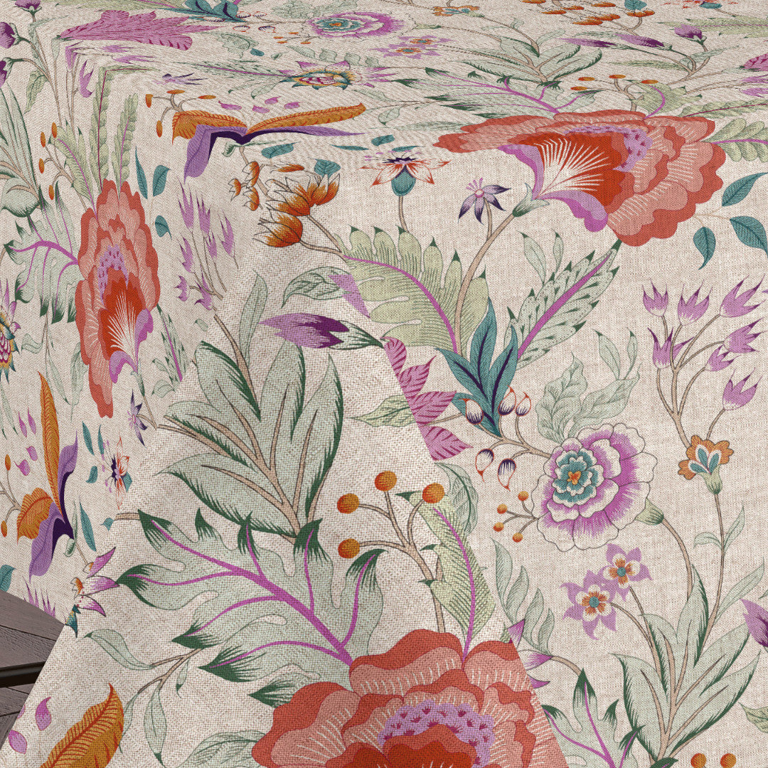 Lino Fiora – Akryldug i hørlook med blomster, 160 cm bred, hjørne