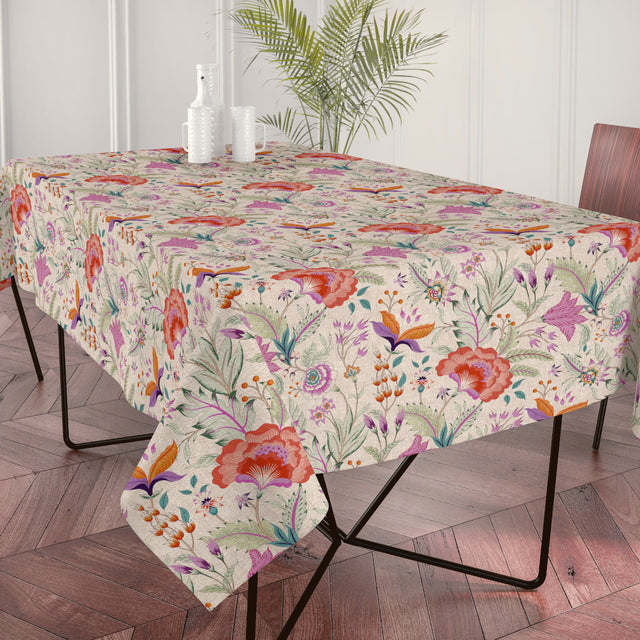 Lino Fiora – Akryldug i hørlook med blomster, 160 cm bred, miljø