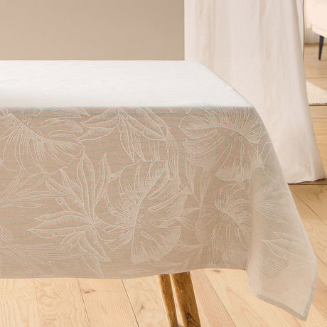 Lorenza – Stofdug i hørlook med stort bladmønster – 140 x 240 cm