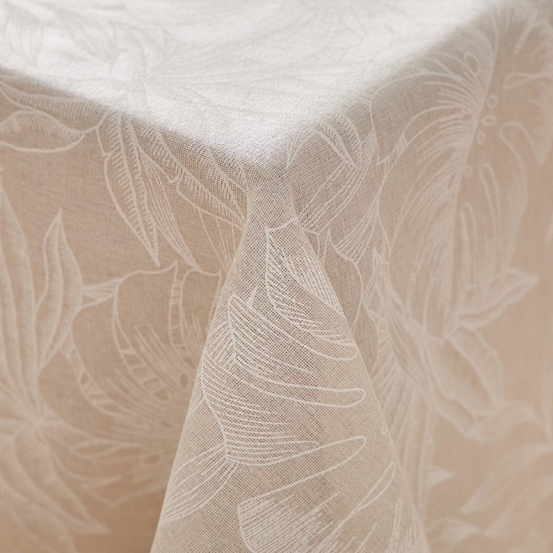Lorenza – Stofdug i hørlook med stort bladmønster – 140 x 240 cm, hjørne