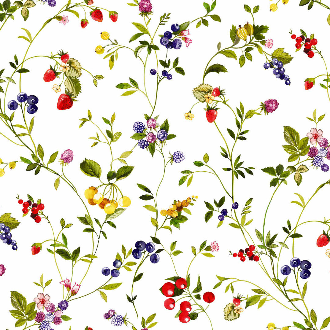 Lydia Sommerbær - Voksdug med vilde bær og blomster i glade farver, mønster