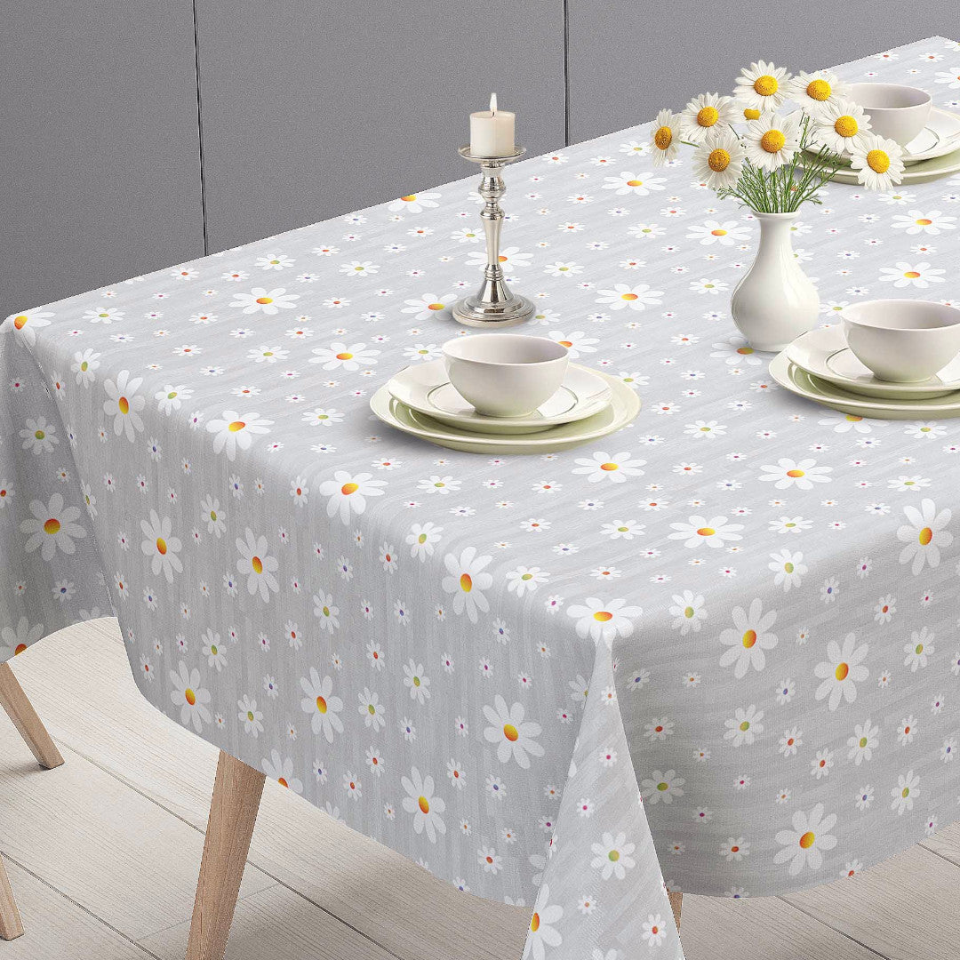 Marguerite – Grå voksdug med hvide margueritter, bordende