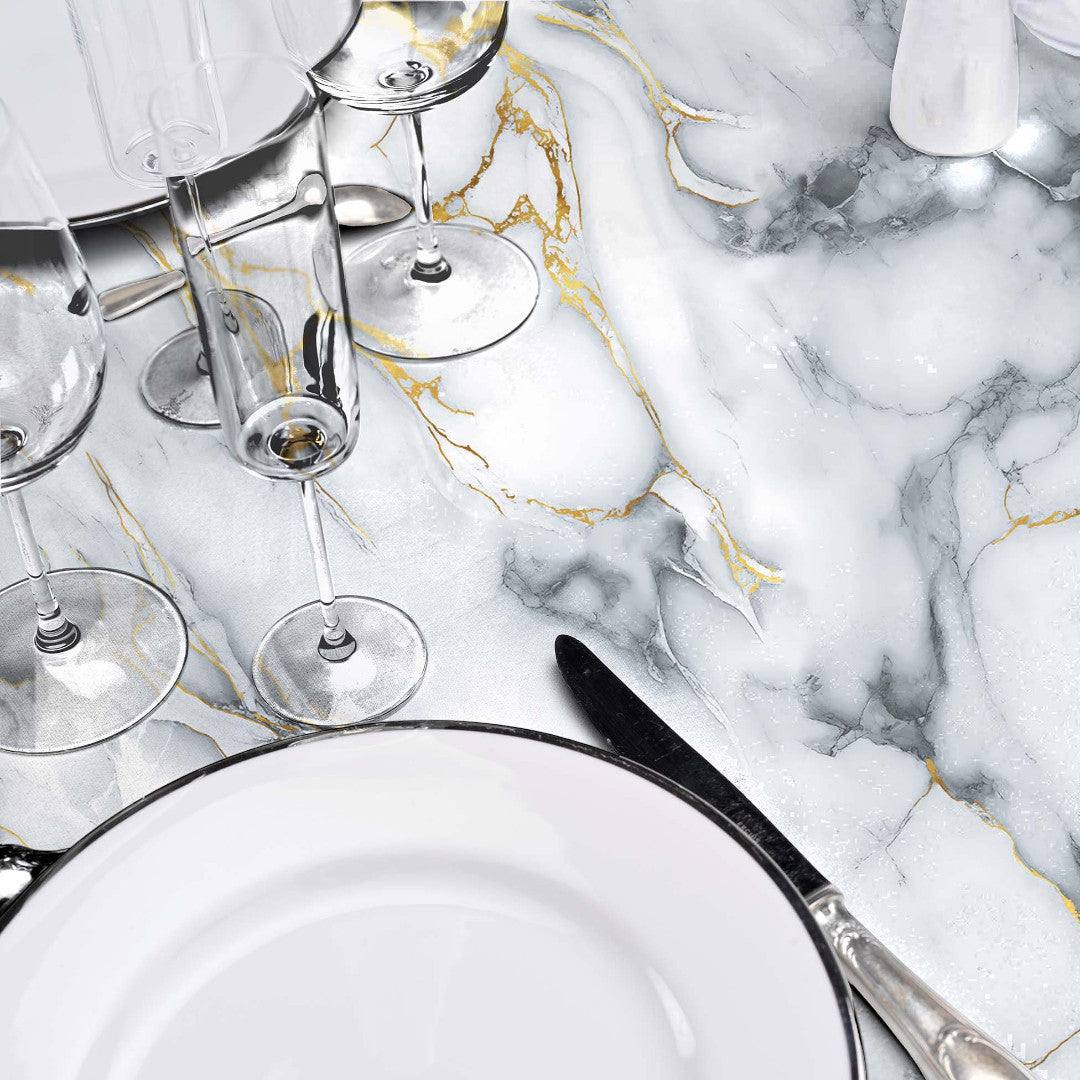 Marquina – Rund voksdug Ø 155 cm med marmormønster og metallic, nærbillede