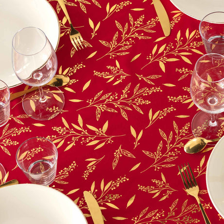 Naelle Rød/Guld - Juledug med gyldne blade, 140 x 240 cm, nærbillede