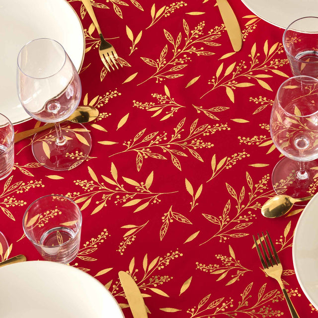 Naelle Rød/Guld - Juledug med gyldne blade, 140 x 240 cm, nærbillede