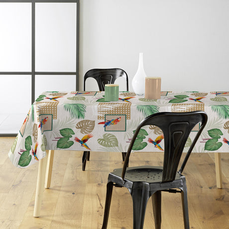 Natis – Tropisk voksdug med papegøjer og palmeblade, miljø