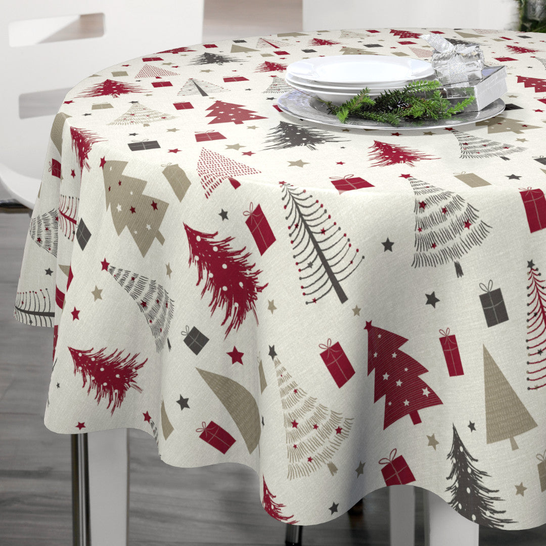 Nordfavn Arbres de Noël – Rund julevoksdug med juletræer og gaver