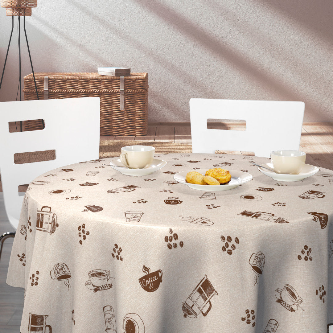 Nordfavn Coffee Time Beige – Rund voksdug med hyggeligt kaffemotiv