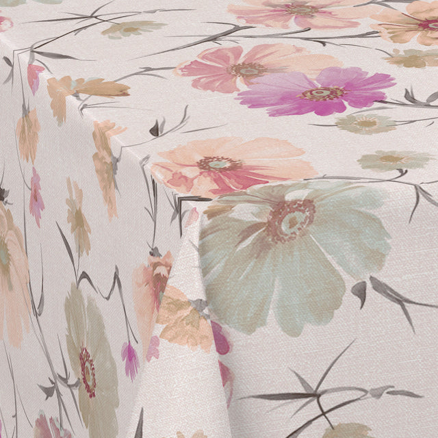 Nordfavn Gerbera Beige – Voksdug med blomster i hørtryk, hjørne