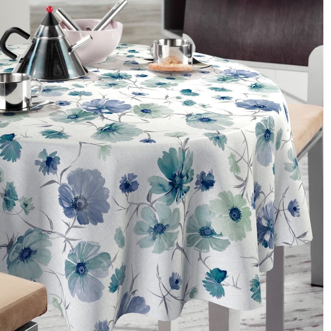 Nordfavn Gerbera Blå – Voksdug med blomsterprint i blå nuancer, rund