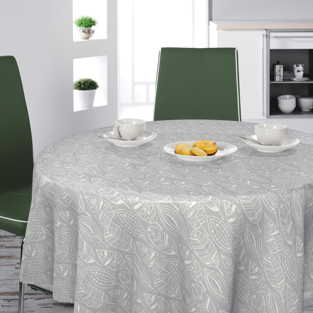 Nordfavn Nordic Leaf Grey – Rund voksdug med stiliseret bladmønster