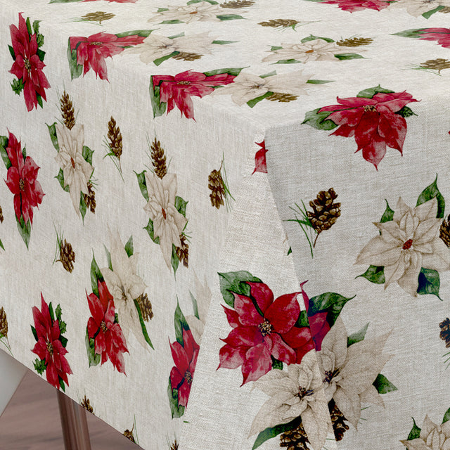 Nordfavn Poinsettia – Julevoksdug med hørlook og julestjerner