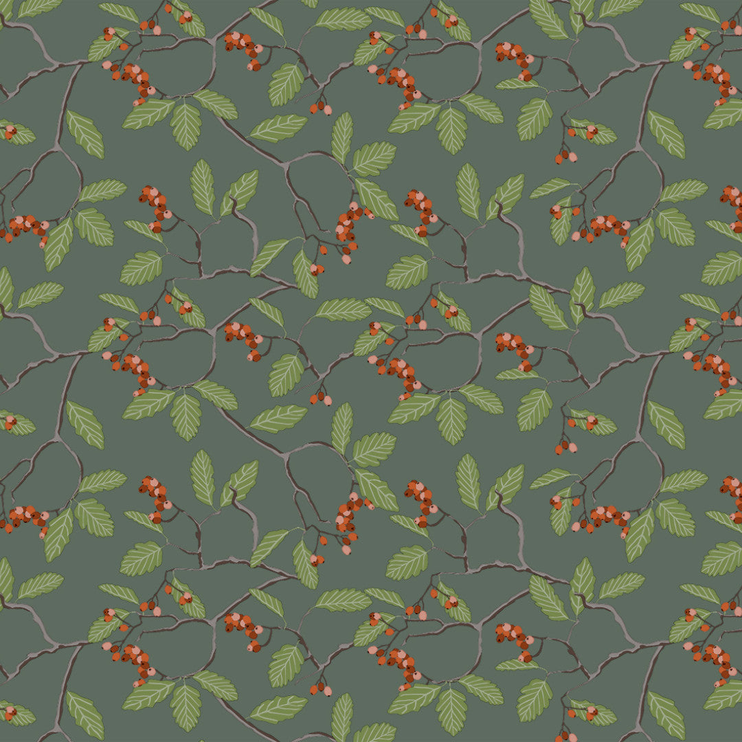 Nordfavn Winter Berry – Julevoksdug med grene og røde bær, mønster