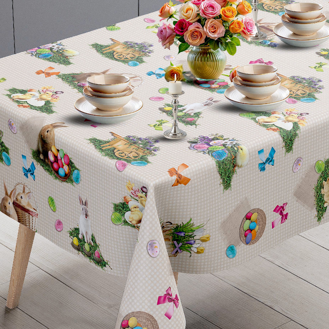 Påskeglæde Tern Beige – Påskevoksdug med harer, kyllinger og påskeæg, hjørne