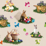 Påskeglæde Tern Beige – Påskevoksdug med harer, kyllinger og påskeæg